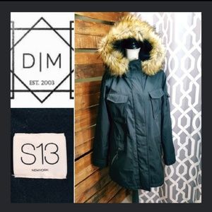 NWOT S13 Parka Jacket Fur Hood Size XL Black Warm!